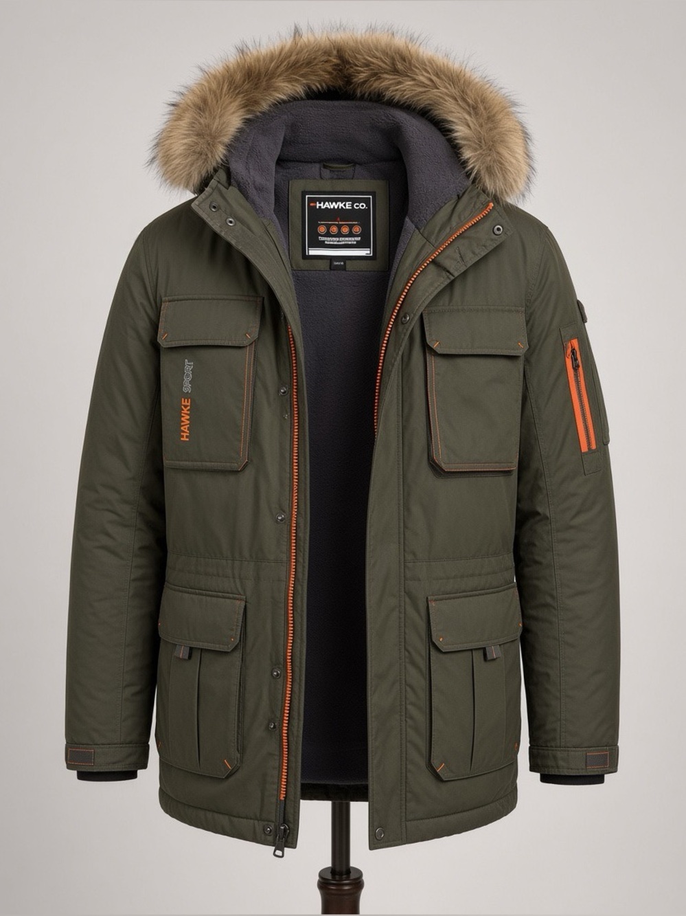 Hawke & Co Olive Green Kids Ski Jacket with Orange Accents